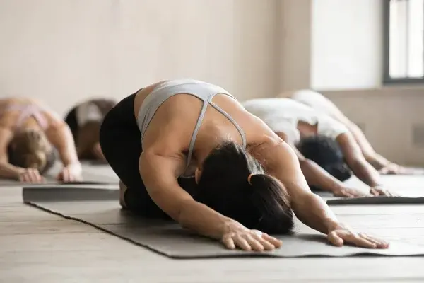 A group of people during a yoga class in a fitness studio